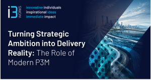 A premium business transformation concept showing dozens of interconnected pathways and data streams merging into a single clear route toward a modern cityscape.